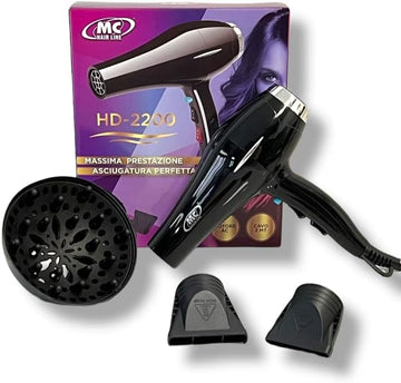 Phon Mc Asciugacapelli Professionale con Motore Ac, 2 Velocità e 2 Temperature ,Potenza 2200W, Diffusore e 2 Beccucci Inclusi