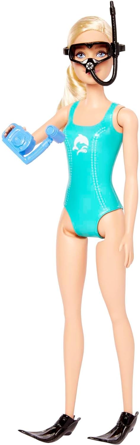 Barbie Carriere - Carriera Make-up, bambola dai capelli blu, top colorato a stampa leopardata e scarpe rosa con plateau, con palette, tavolozza e pennello, Giocattolo per Bambini 3+ Anni, HKT66
