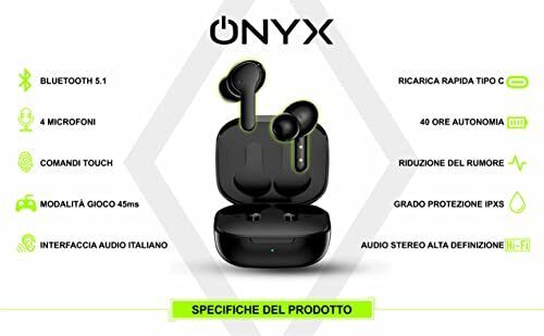 ONYX Auricolari Bluetooth wireless, 4 microfoni, controlli touch, compatibile con Android, iOS, iPhone, PC, TV, PS5