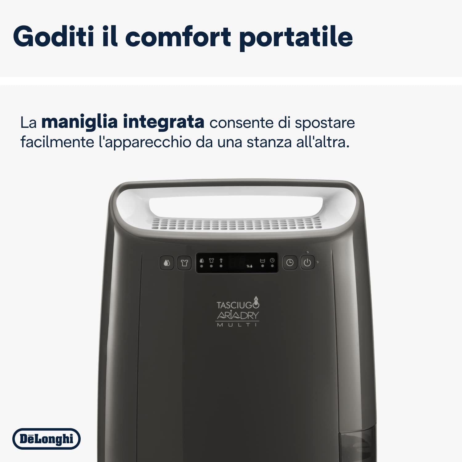 De'Longhi DEXD216F Tasciugo Deumidificatore per eliminare l'umidità, Asciugabiancheria, Doppio Sistema Filtrazione Aria, 16L/giorno, Display Digitale, Silenzioso, Maniglia e ruote, TIMER