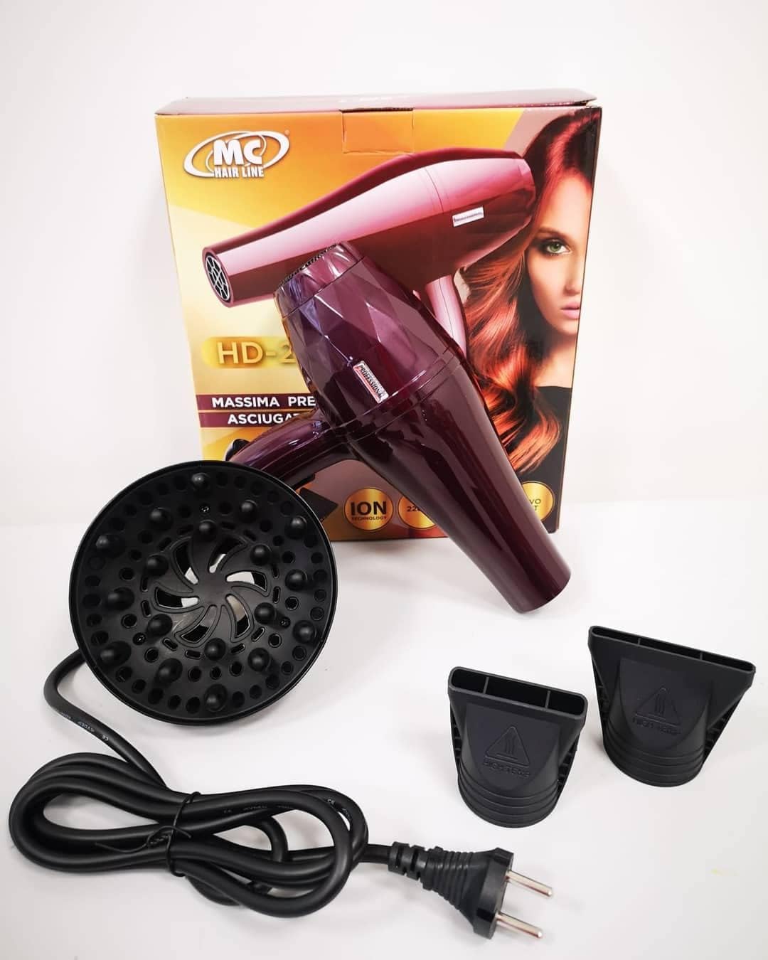 Sèche-Cheveux Mc Sèche-Cheveux Professionnel avec Moteur AC 2 Vitesses 2 Températures Puissance 2200W Diffuseur d'Ions 2 Buses Incluses