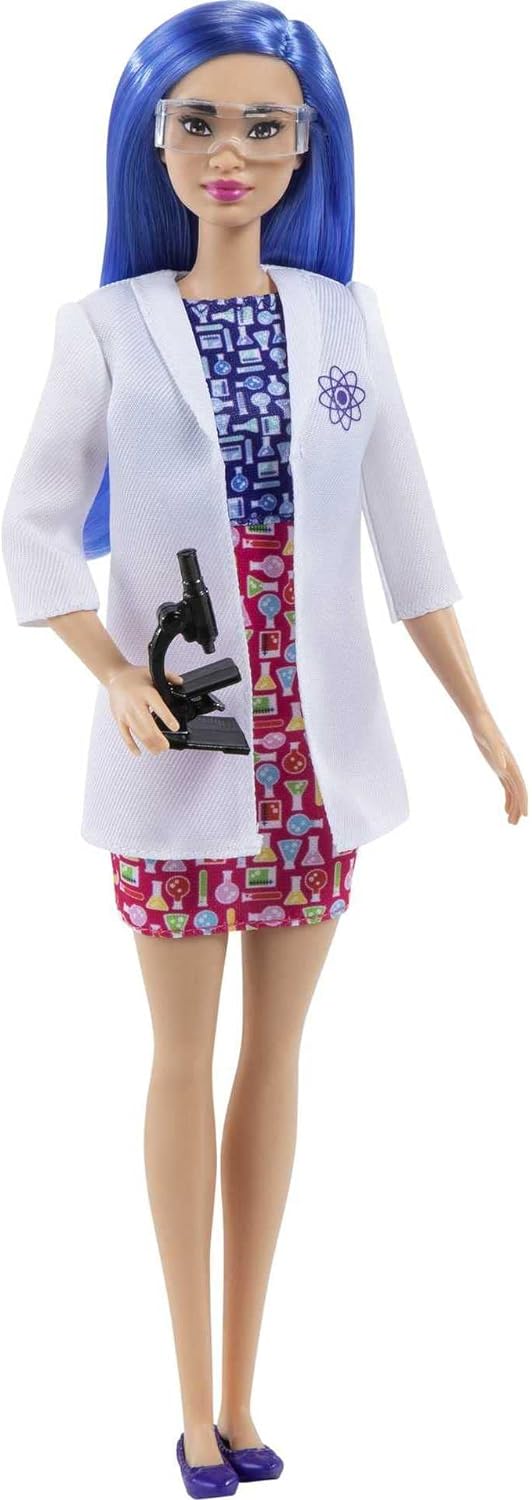 Barbie Bambola Barbie Scienziata da 30,4 cm, con Capelli Blu, Abito Bicolore, Camice da Laboratorio, Scarpe Basse, Mascherina e Microscopio, Giocattolo per Bambini 3+ Anni, HCN11
