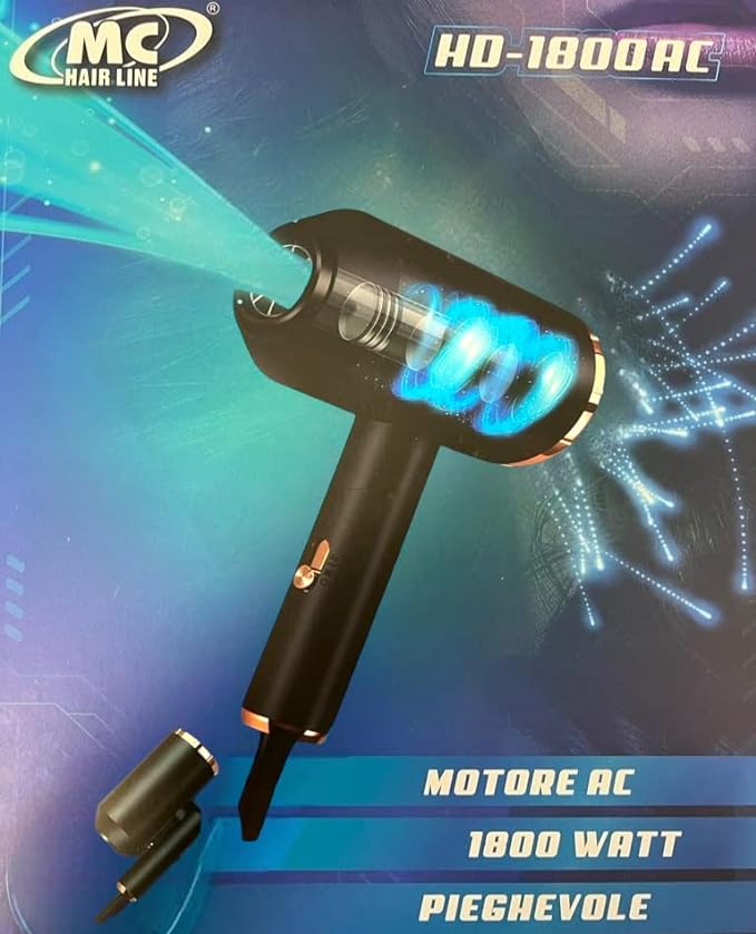 Phon Mc Asciugacapelli Professionale Motore Ac Manico Pieghevole 2 Velocità 2 Temperature Potenza 1800W Diffusore 2 Beccucci Inclusi