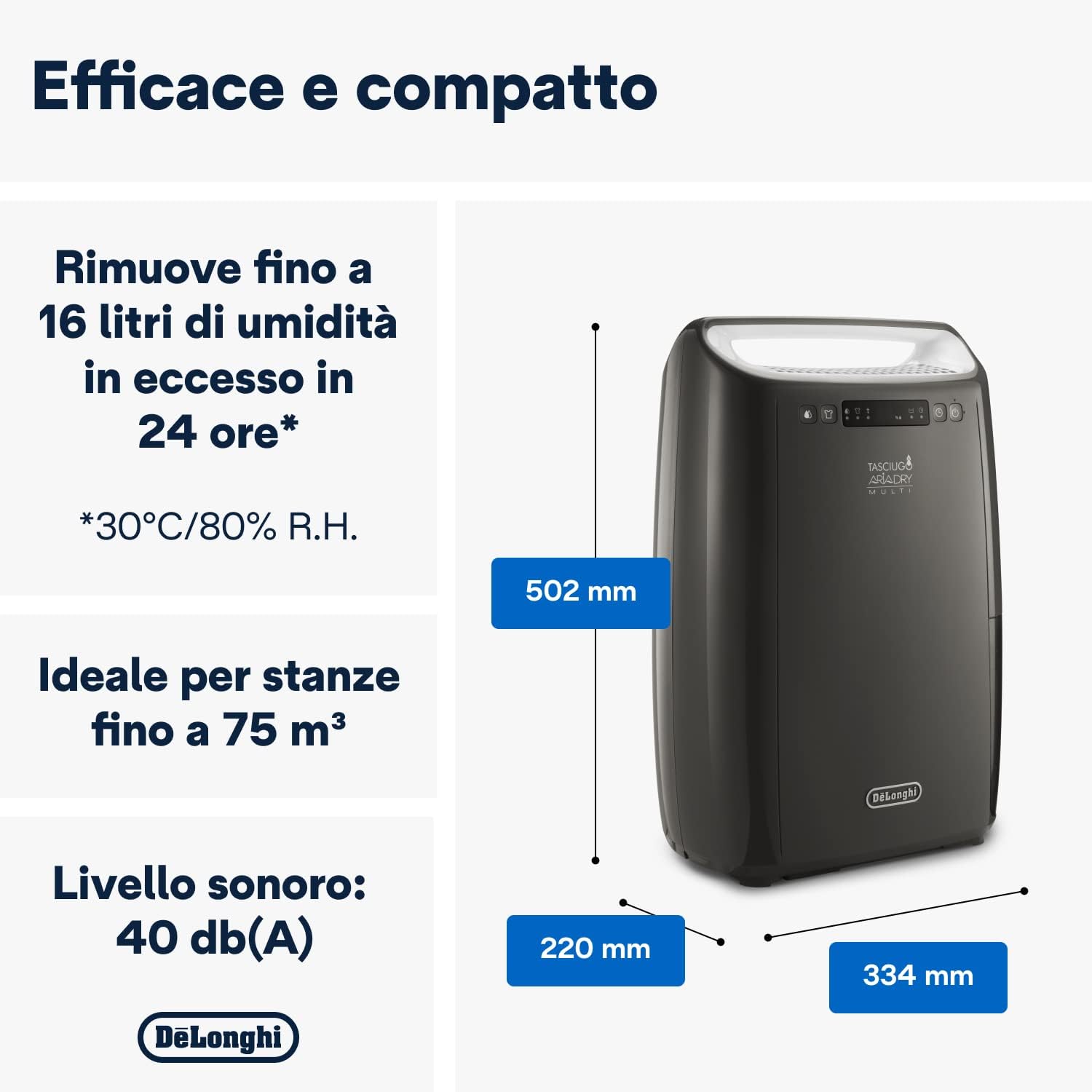 De'Longhi DEXD216F Tasciugo Deumidificatore per eliminare l'umidità, Asciugabiancheria, Doppio Sistema Filtrazione Aria, 16L/giorno, Display Digitale, Silenzioso, Maniglia e ruote, TIMER