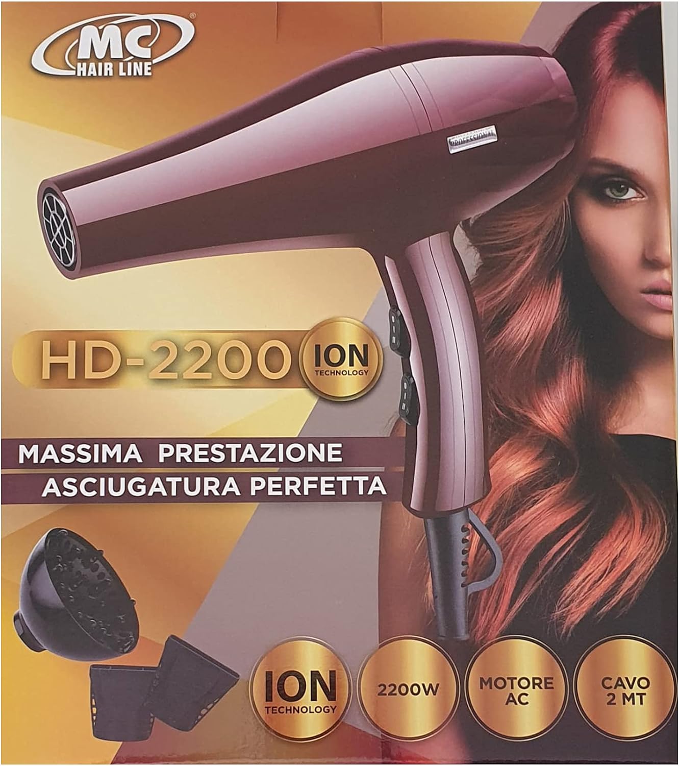 Hairdryer Mc Professional Hairdryer with AC Motor 2 Speeds 2 Temperatures Power 2200W Ion Diffuser 2 Nozzles Included