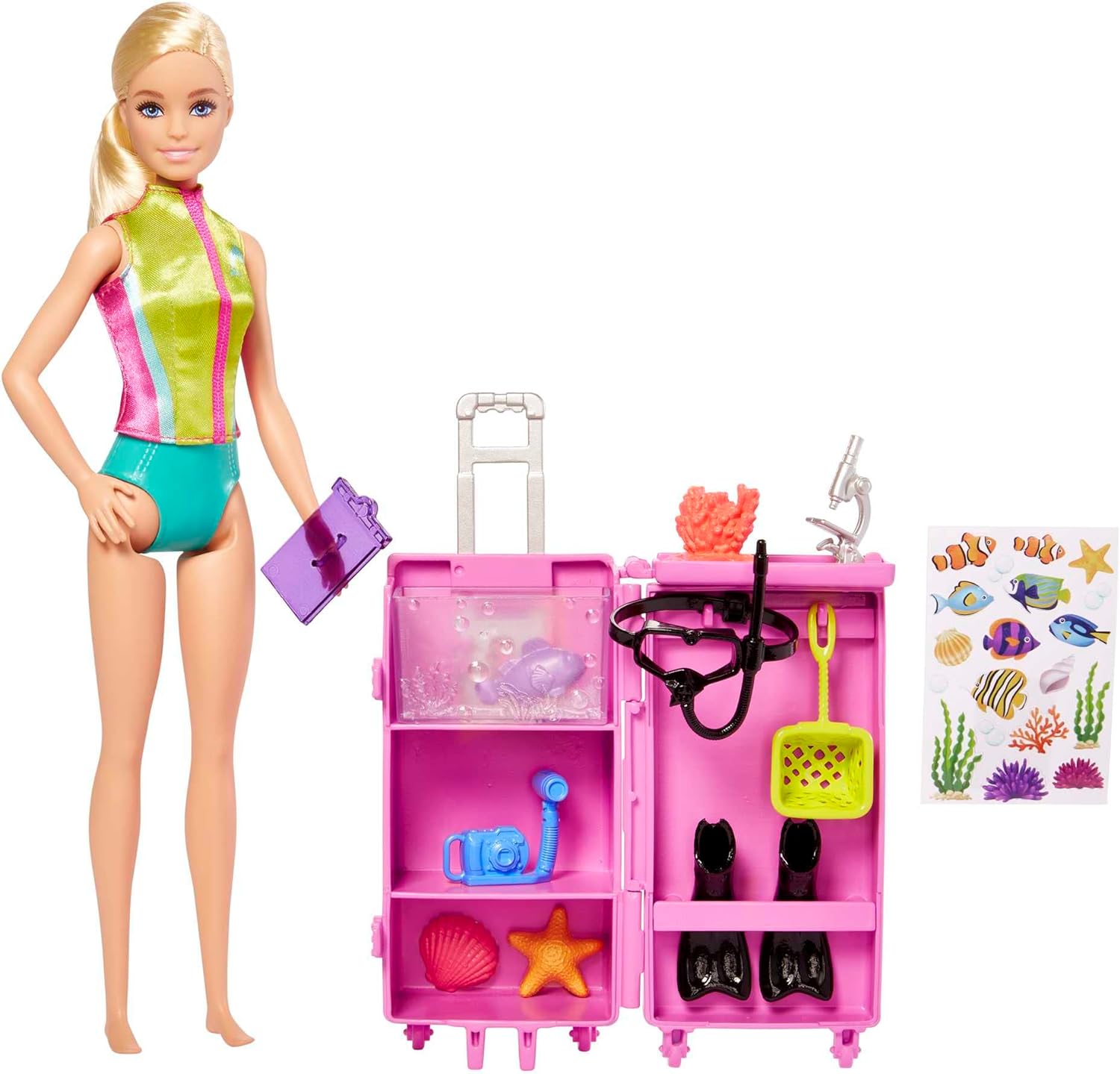 Barbie Carriere - Carriera Make-up, bambola dai capelli blu, top colorato a stampa leopardata e scarpe rosa con plateau, con palette, tavolozza e pennello, Giocattolo per Bambini 3+ Anni, HKT66