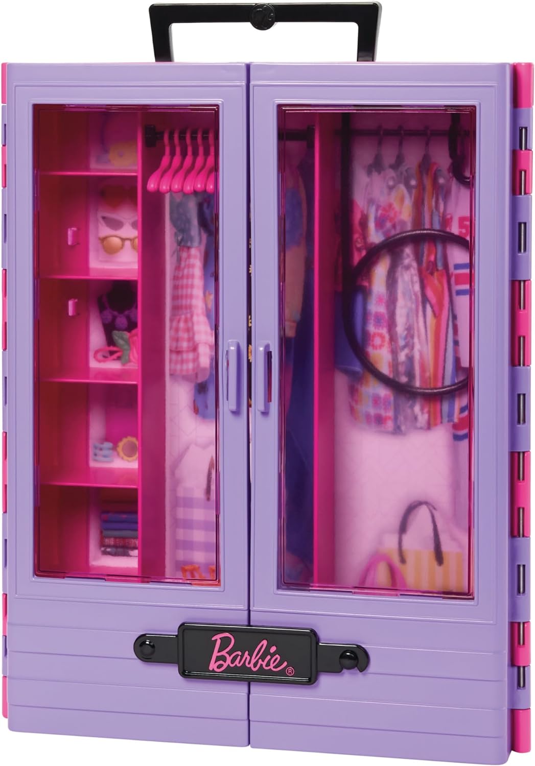 Barbie - Armadio Moda Fashion accessorio con ante semitrasparenti, vani portaoggetti, appendiabiti estraibile, 6 grucce, Giocattolo e regalo per bambini 3+ Anni, HJL65