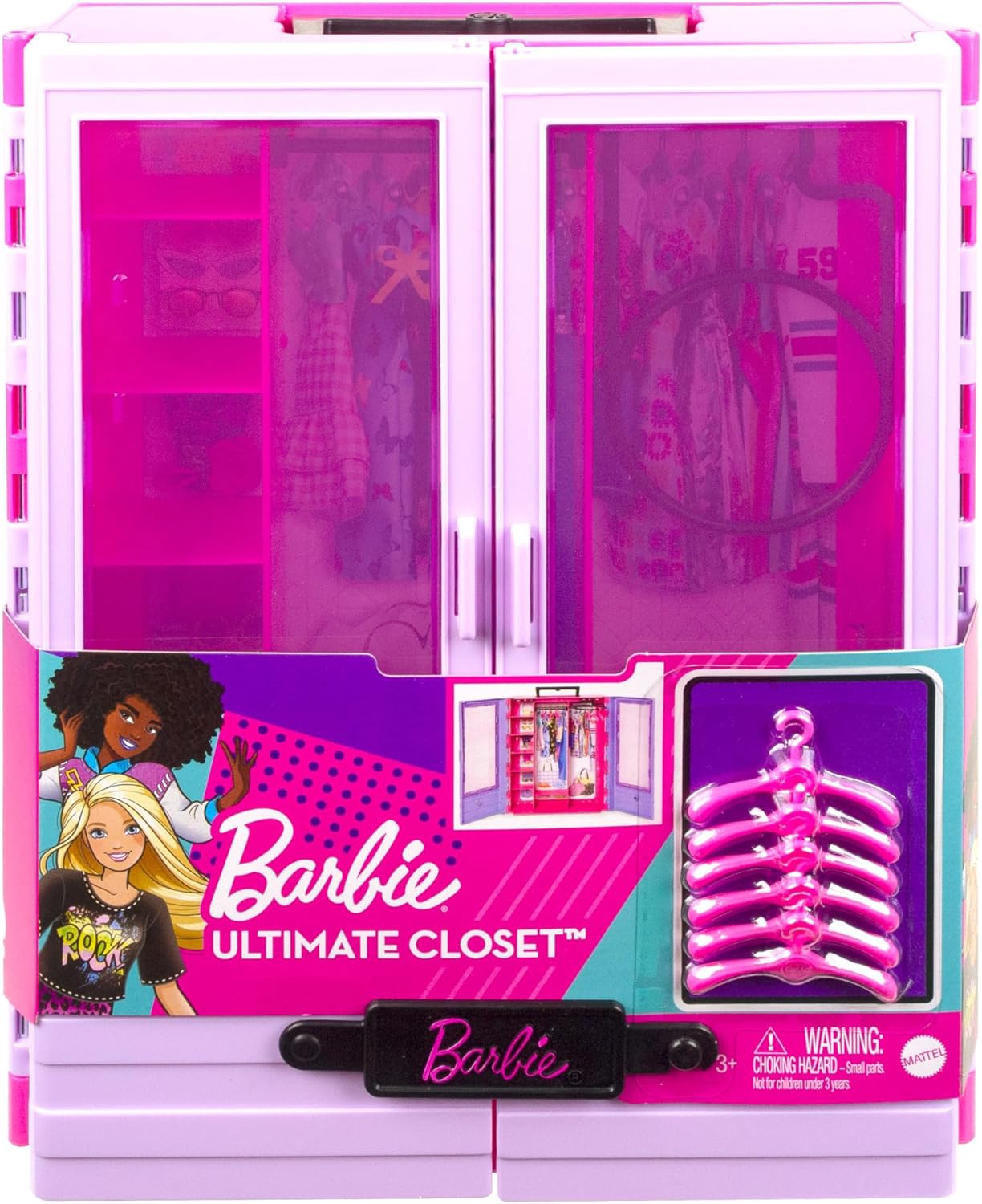 Barbie - Armadio Moda Fashion accessorio con ante semitrasparenti, vani portaoggetti, appendiabiti estraibile, 6 grucce, Giocattolo e regalo per bambini 3+ Anni, HJL65