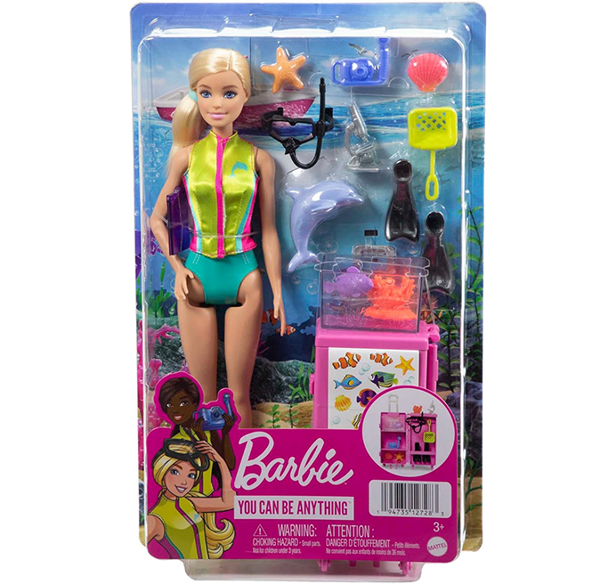 Barbie Carriere - Carriera Make-up, bambola dai capelli blu, top colorato a stampa leopardata e scarpe rosa con plateau, con palette, tavolozza e pennello, Giocattolo per Bambini 3+ Anni, HKT66