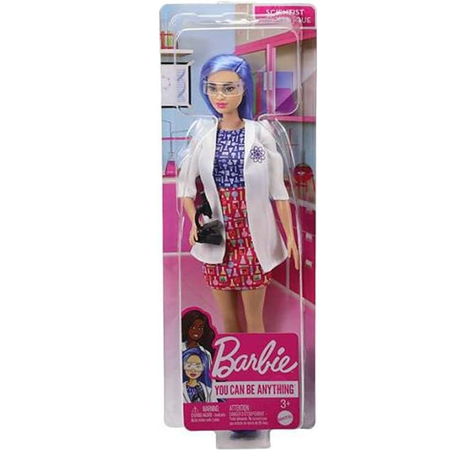 Barbie Bambola Barbie Scienziata da 30,4 cm, con Capelli Blu, Abito Bicolore, Camice da Laboratorio, Scarpe Basse, Mascherina e Microscopio, Giocattolo per Bambini 3+ Anni, HCN11